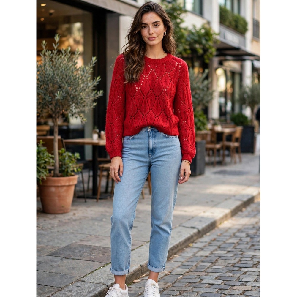 Reformation Red Alpaca Blend Pointelle Knit Crewneck Sweater XS